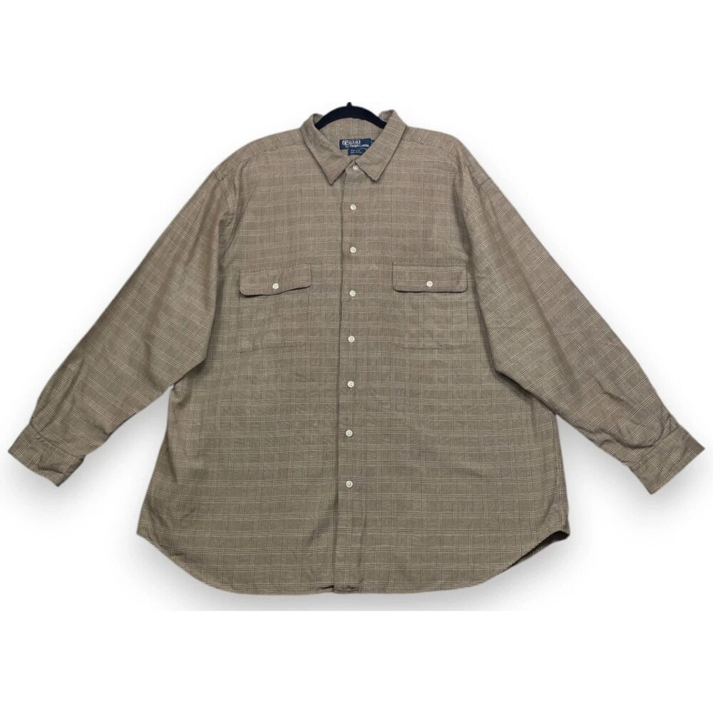 Polo Ralph Lauren Silk Cotton Glen Plaid Shirt Men 2X Big Brown Tan Beige Button